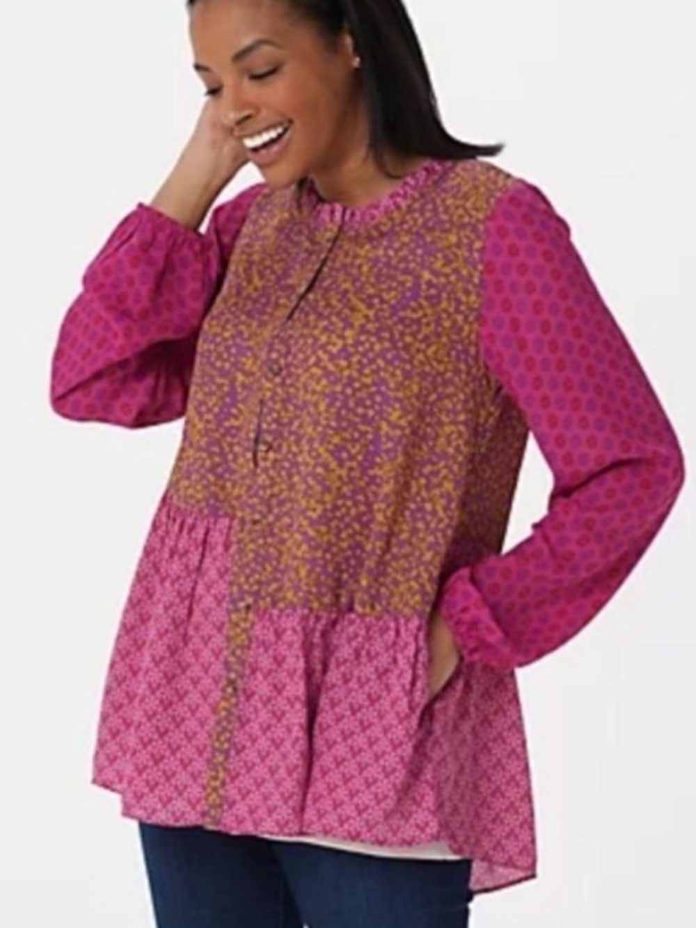 LOGO By Lori Goldstein 1X Magenta Button Front Printed Blouse With Ruffles NWOT